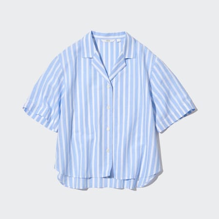 Linen Blend Striped Open Collar Short Sleeved Shirt