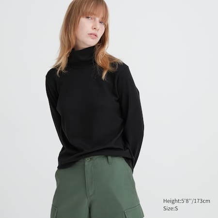 Smooth Cotton Stretch Turtleneck Long Sleeved Top