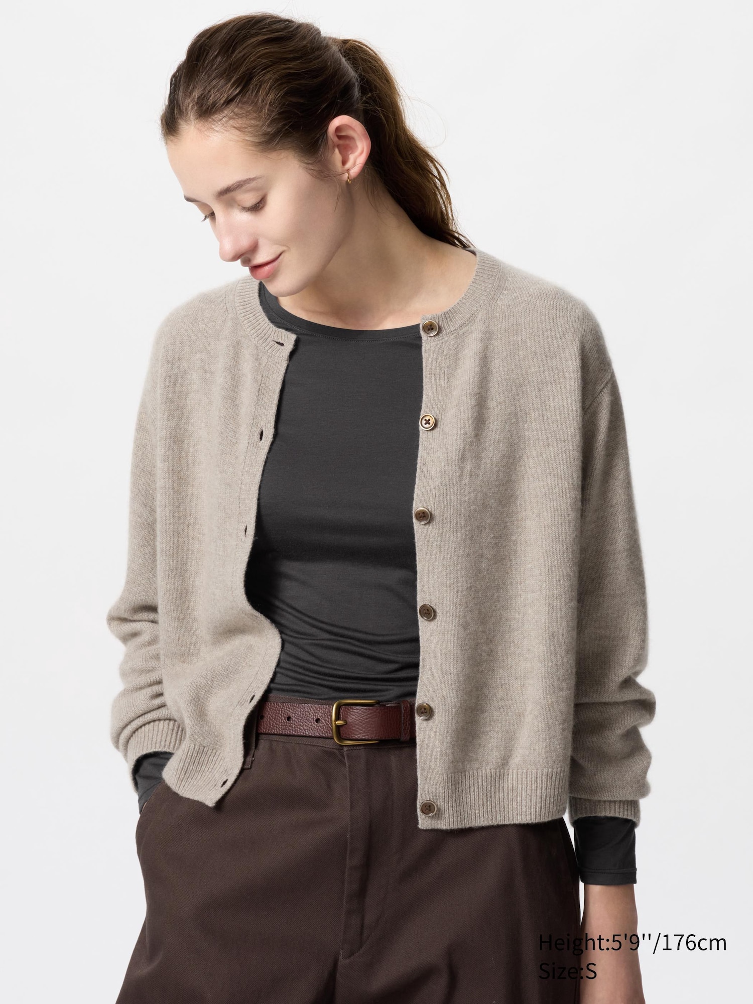 OVY Lamb Wool Crew Neck Cardigan (beige) Women's Lambswool Crew
