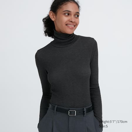HEATTECH Extra Warm Seamless Ribbed Striped Turtleneck Long Sleeved Thermal Top