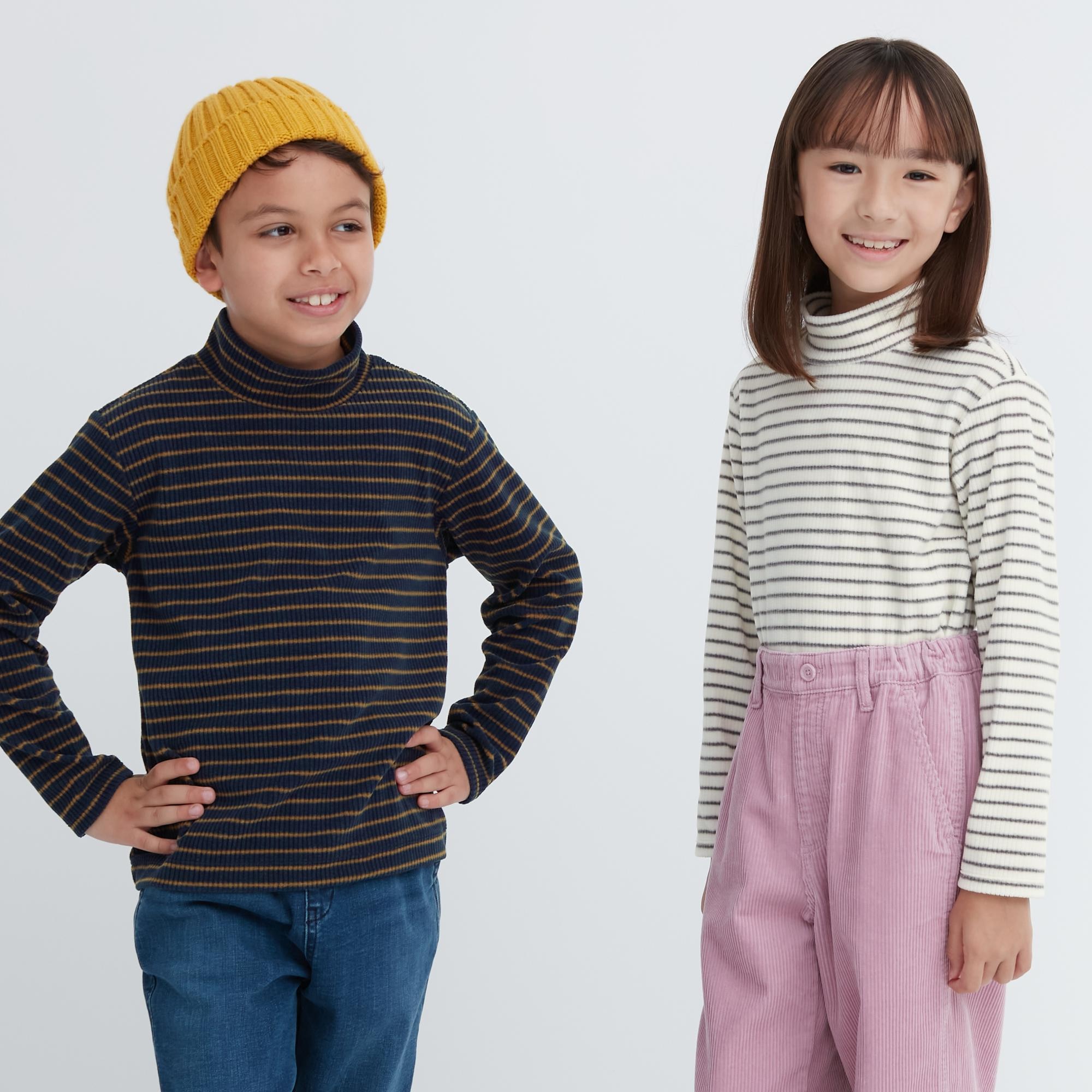 Kids Fleece Ribbed Striped High Neck Long Sleeved T-Shirt | UNIQLO