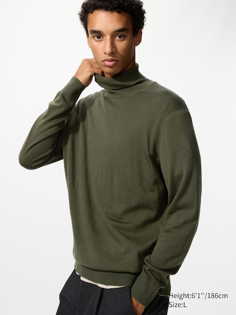 Uniqlo - Pull Col Roulé 100% Laine Mérinos - Vert Olive - S