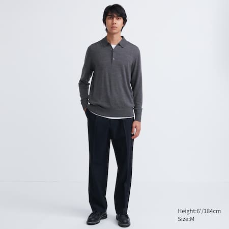 100% Extra Fine Merino Knitted Long Sleeved Polo Shirt | UNIQLO SE