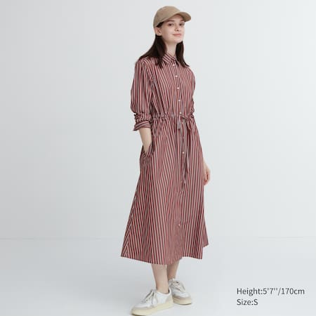 Cotton Striped Long Sleeved Longline Shirt Dress