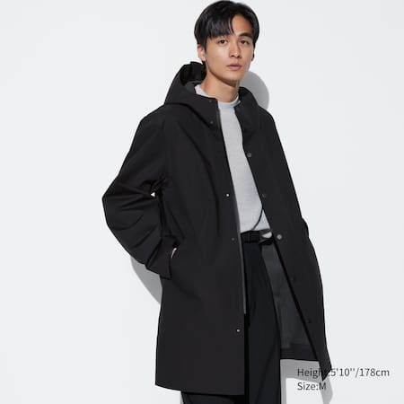 Men's Wool Coat, Black Hooded Modern Fit with Zip