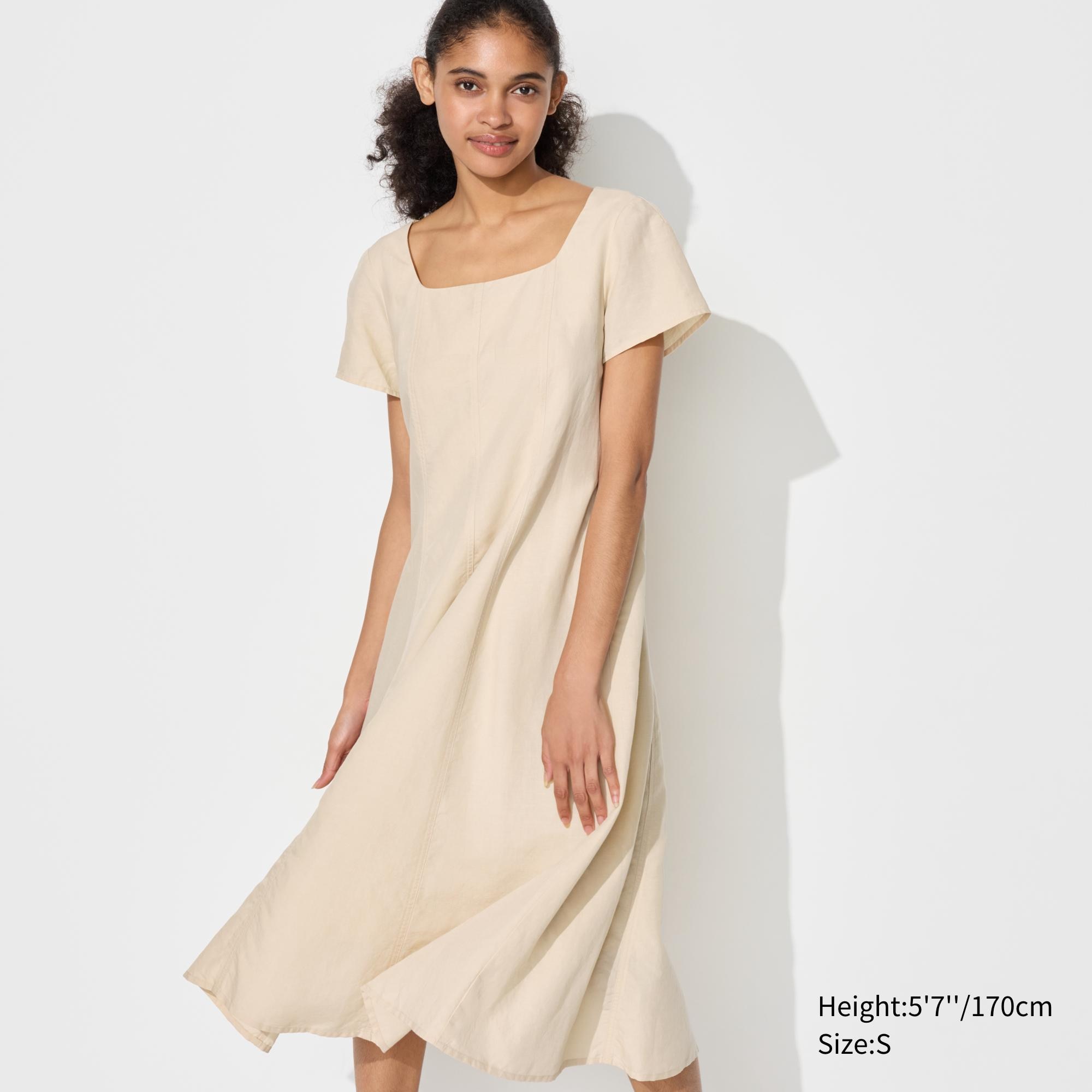 Linen Blend Square Neck Short Sleeved Dress