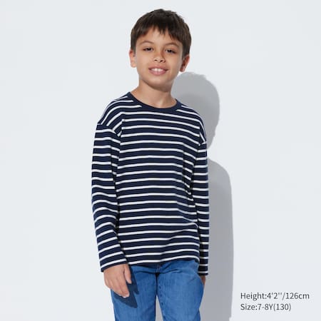 Kids Soft Brushed Cotton Striped Crew Neck Long Sleeved T-Shirt