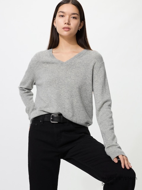 Uniqlo - Pull 100% Cachemire Col V - Gris - Xs