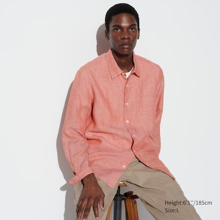 Uniqlo Peach Orange 100% Premium Linen Button Up Shirt Size S
