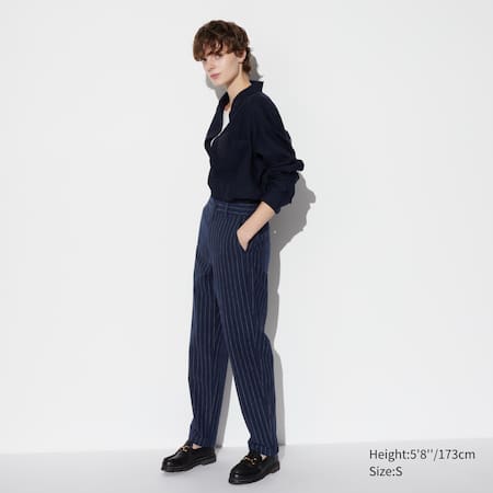 Linen Cotton Blend Striped Tapered Trousers (Long)