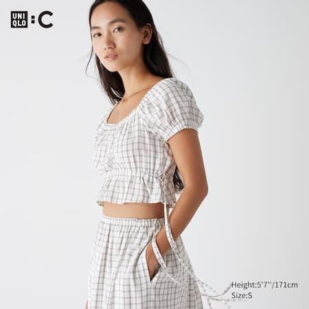 Gathered Cropped Fit Checked Short Sleeved Blouse