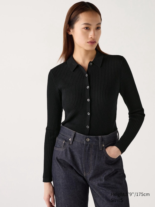 Women&rsquo;s 100% Merino Ribbed Polo Cardigan | UNIQLO NL