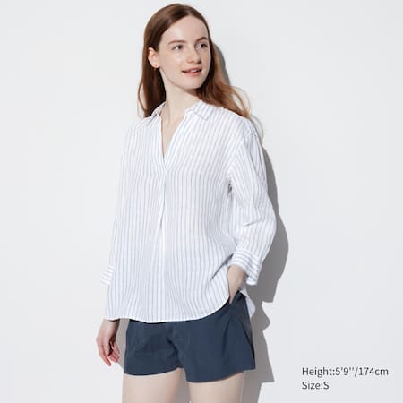 100% Premium Linen Skipper Collar Striped 3/4 Sleeved Shirt