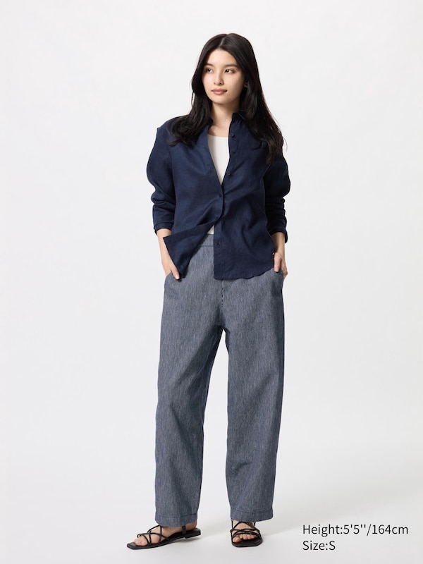 Pantalon fuselé en coton et lin mélangés (Rayé)