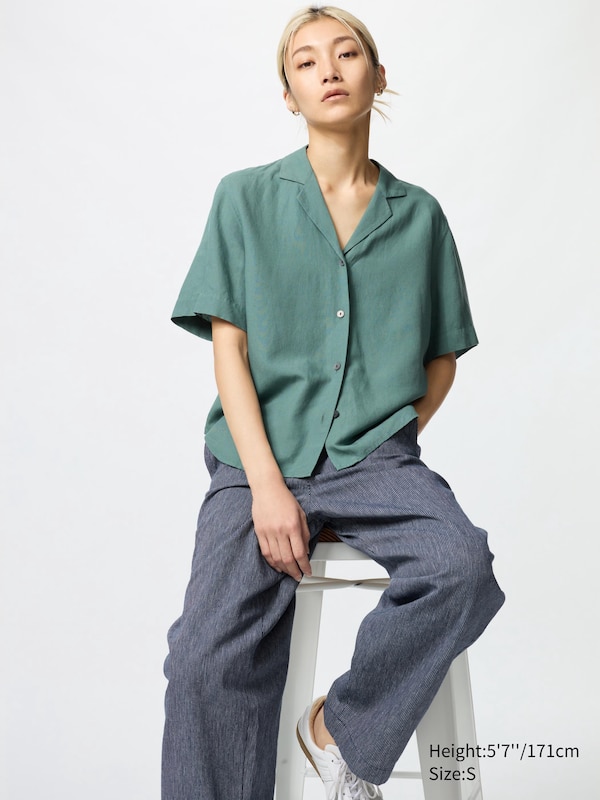 Pantalon fuselé en coton et lin (Rayé, Long)