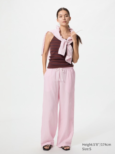Uniqlo - Pantalon Large En Lin Mélangé (Long) - Rose - Xxs