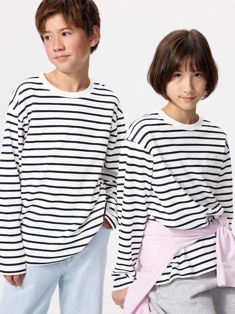 Uniqlo - T-Shirt Airism En Coton (Rayé, Manches Longues) - Bleu Marine - 5-6 Ans (120Cm)