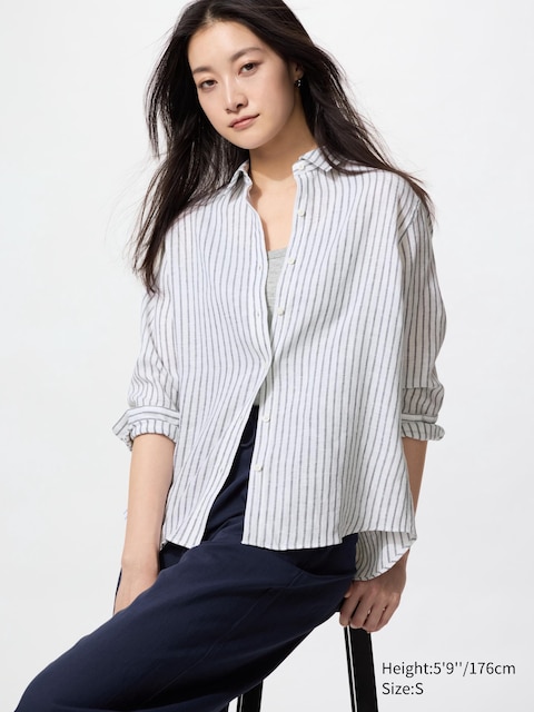 Uniqlo - Chemise 100% Lin Premium (Rayée) - Blanc Cassé - S