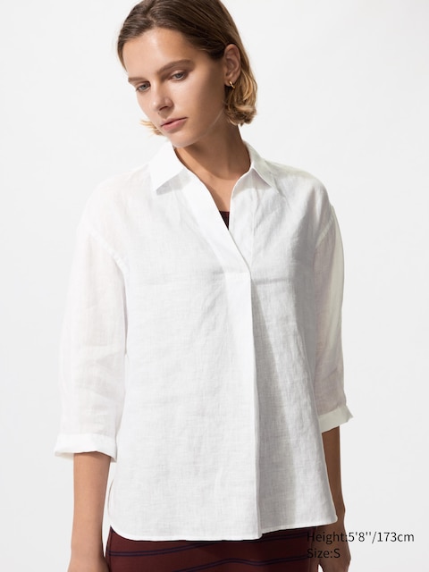 Uniqlo - Chemise 100% Lin Premium (Col Skipper, Manches 3/4) - Blanc - M