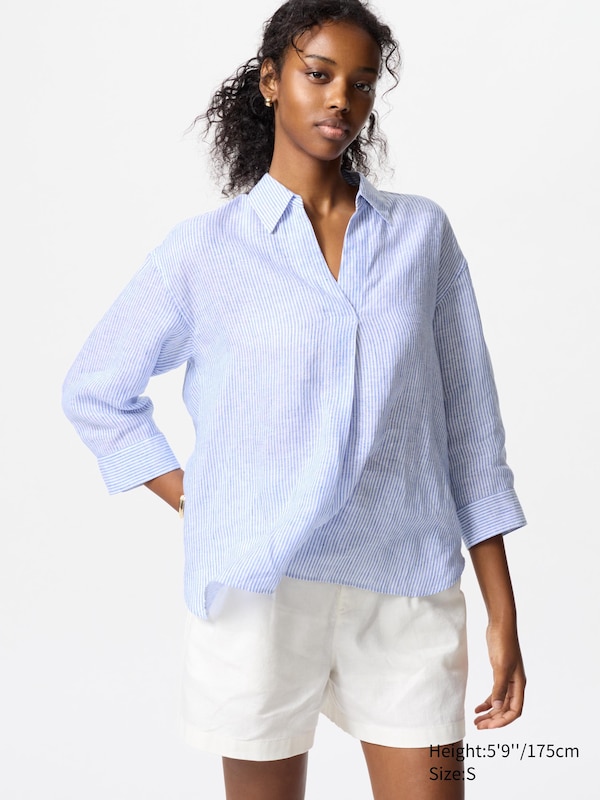 Cotton 3/4 Sleeve Stripe Round Neck Embroidery Plus Size Tops Cotton 3/4 Sleeve Stripe Round Neck Embroidery Plus Size Tops