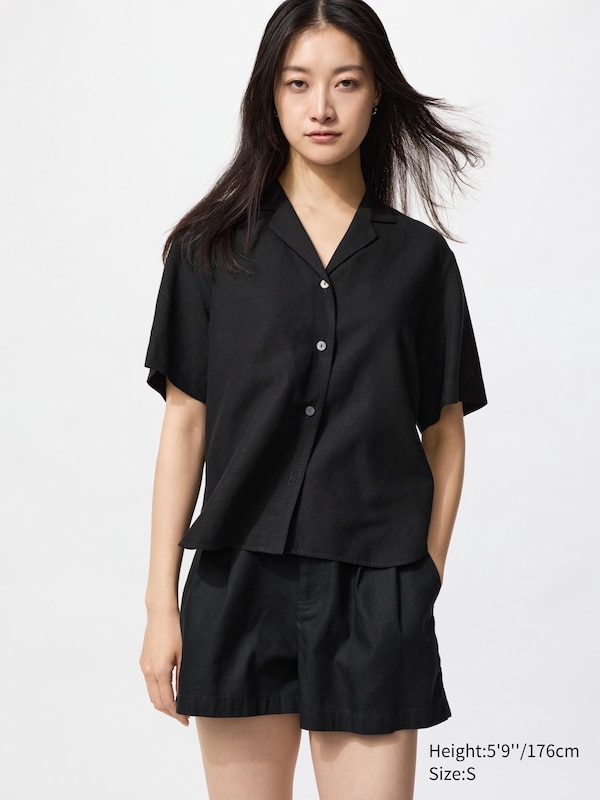 Linen Blend Open Collar Shirt (Short Sleeve)