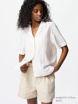 Linen Blend Open Collar Shirt (Stripe, Short Sleeve)