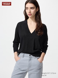 Pull à col V en lin et viscose mélangés