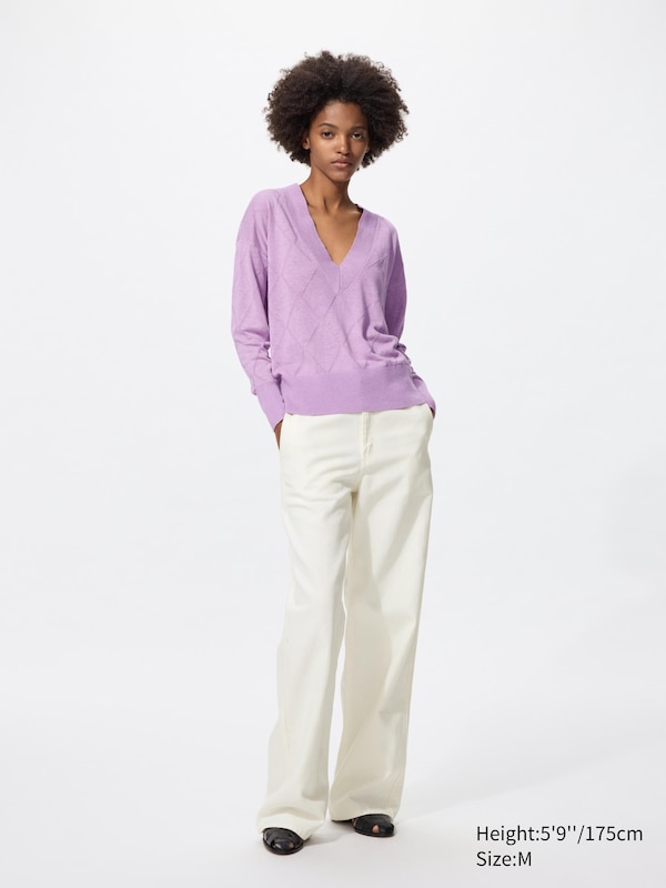 Pull à col V en lin et viscose mélangés