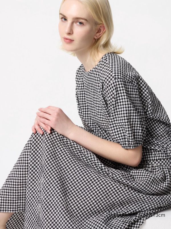 Seersucker Volume Blouse (Gingham, Short Sleeve)