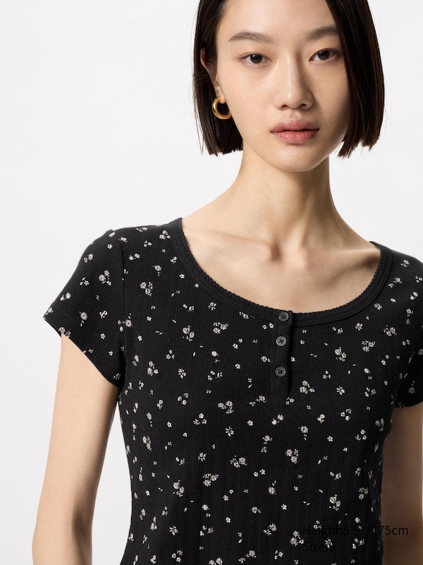 Pointelle Henley Neck T-Shirt (Printed)