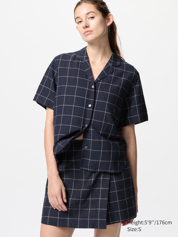 Chemise à col ouvert en lin mélangé (Motifs à carreaux, Manches courtes)