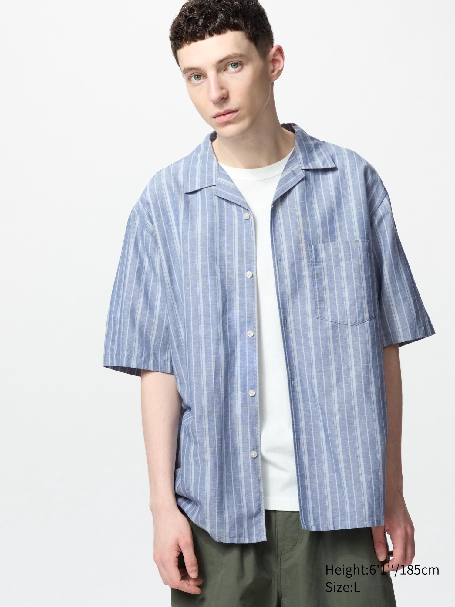 Cotton Linen Open Collar Shirt | Short Sleeve | Striped