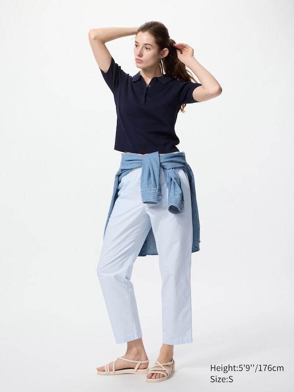 Cotton Relaxed Ankle Trousers (Stripe, Longer)
