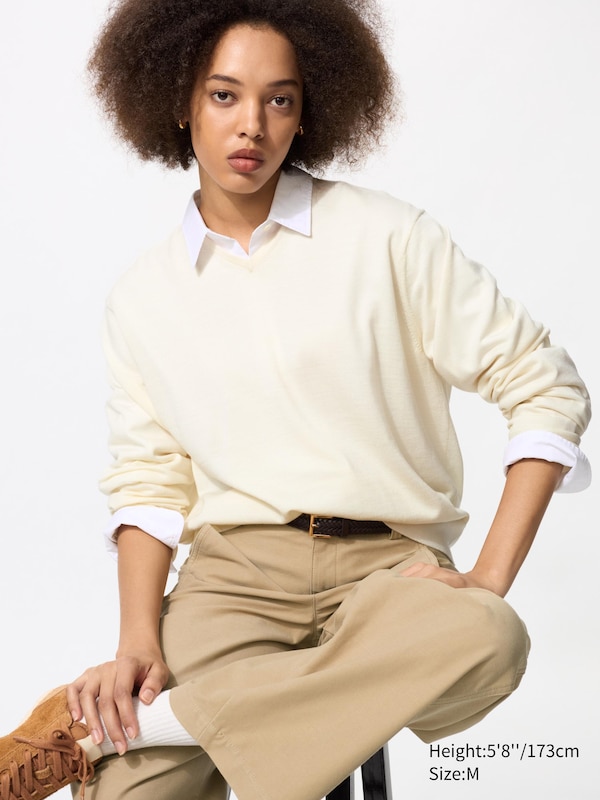 Pull 100% laine mérinos (Col V) pour Femme | UNIQLO FR