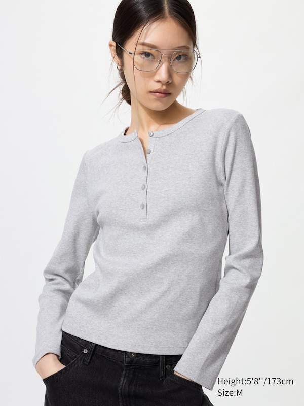 T-shirt côtelé Henley (Manches longues) pour Femme | UNIQLO FR