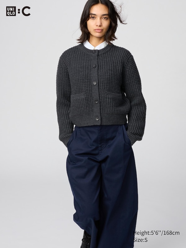 Waffle Knit Crew Neck Cardigan