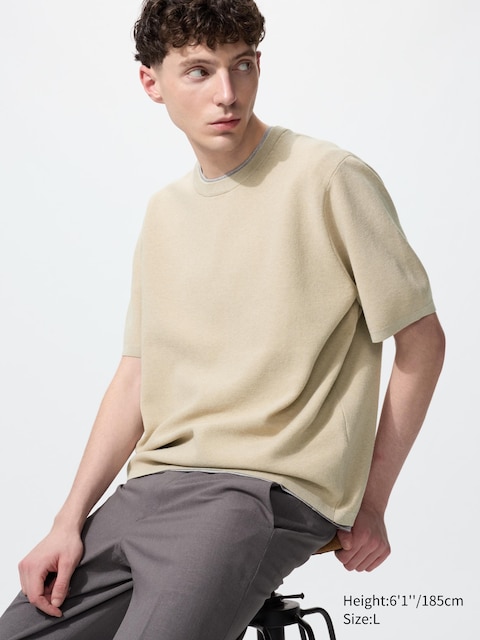 Uniqlo - T-Shirt Côtelé En Maille Milano (Lavable En Machine) - Beige - 3XL