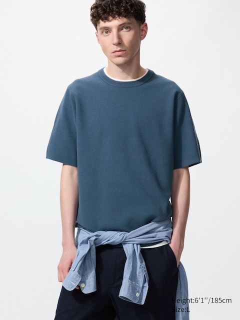 Uniqlo - T-Shirt Côtelé En Maille Milano (Lavable En Machine) - Bleu - 3XL