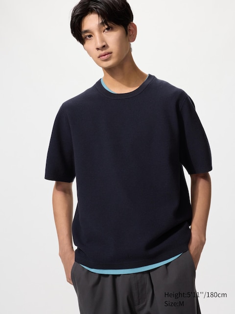 Uniqlo - T-Shirt Côtelé En Maille Milano (Lavable En Machine) - Bleu Marine - L