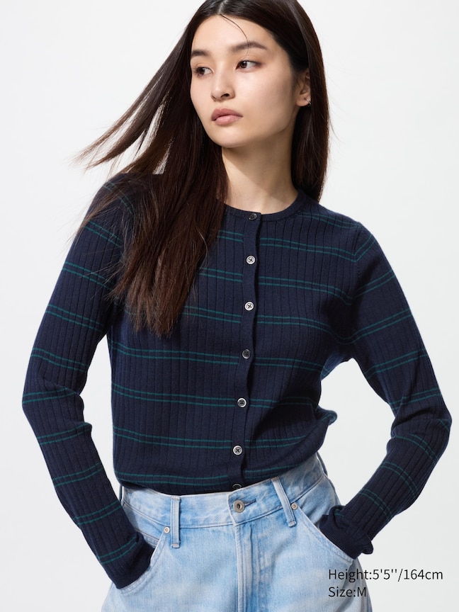 100% Merino Ribbed Crew Neck Short Cardigan (Stripe)