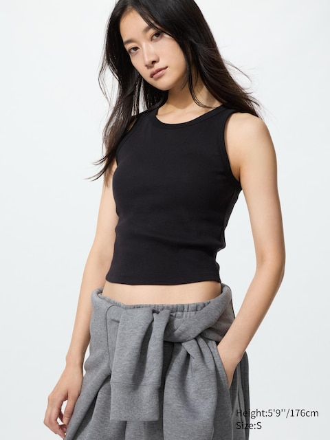 Uniqlo - Top Court Côtelé À Brassière Intégrée - Noir - S