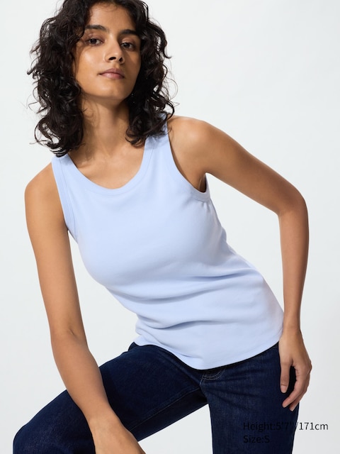 Uniqlo - Top Côtelé À Brassière Intégrée (Longueur Standard) - Bleu Clair - M
