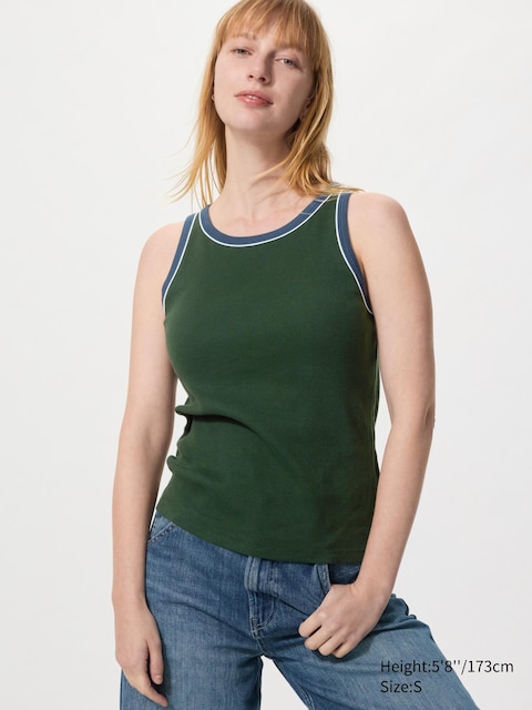 Uniqlo - Top Côtelé À Brassière Intégrée (Ringer, Longueur Standard) - Vert Foncé - Xxl