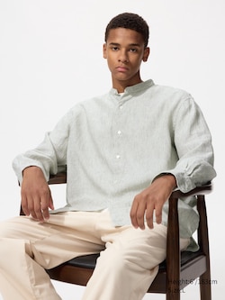 100% Premium Linen Shirt (Stand Collar, Striped)