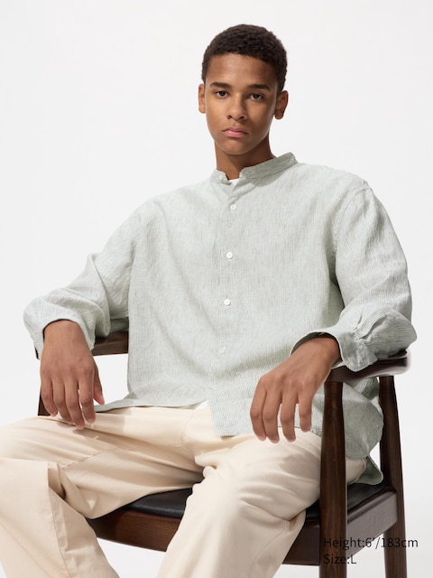 Uniqlo - Chemise 100% Lin Premium (Col Officier, Rayée) - Vert - Xs