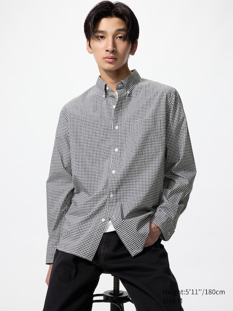 Uniqlo - Chemise En Coton Extra-Fin (Col Boutonné, Carreaux) - Noir - L