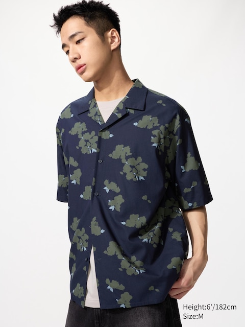 Uniqlo - Chemise À Col Ouvert (Manches Courtes, Imprimée) - Bleu Marine - S