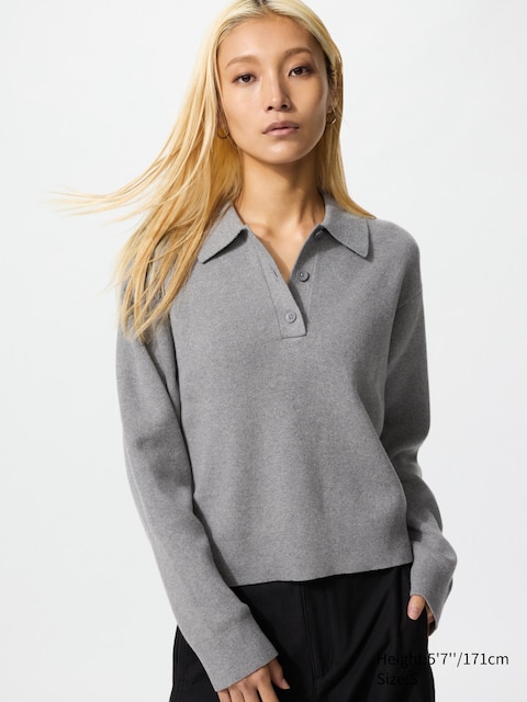 Uniqlo - Pull Col Polo En Coton Doux - Gris - S