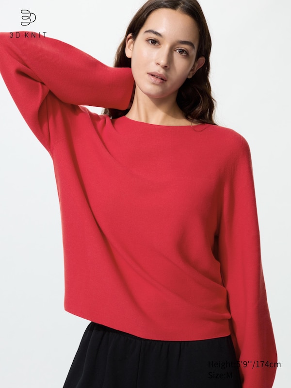 3D Seamless Knit Cotton Crew Neck Volume Sleeve Jumper