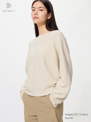 3D Seamless Knit Cotton Crew Neck Volume Sleeve Jumper